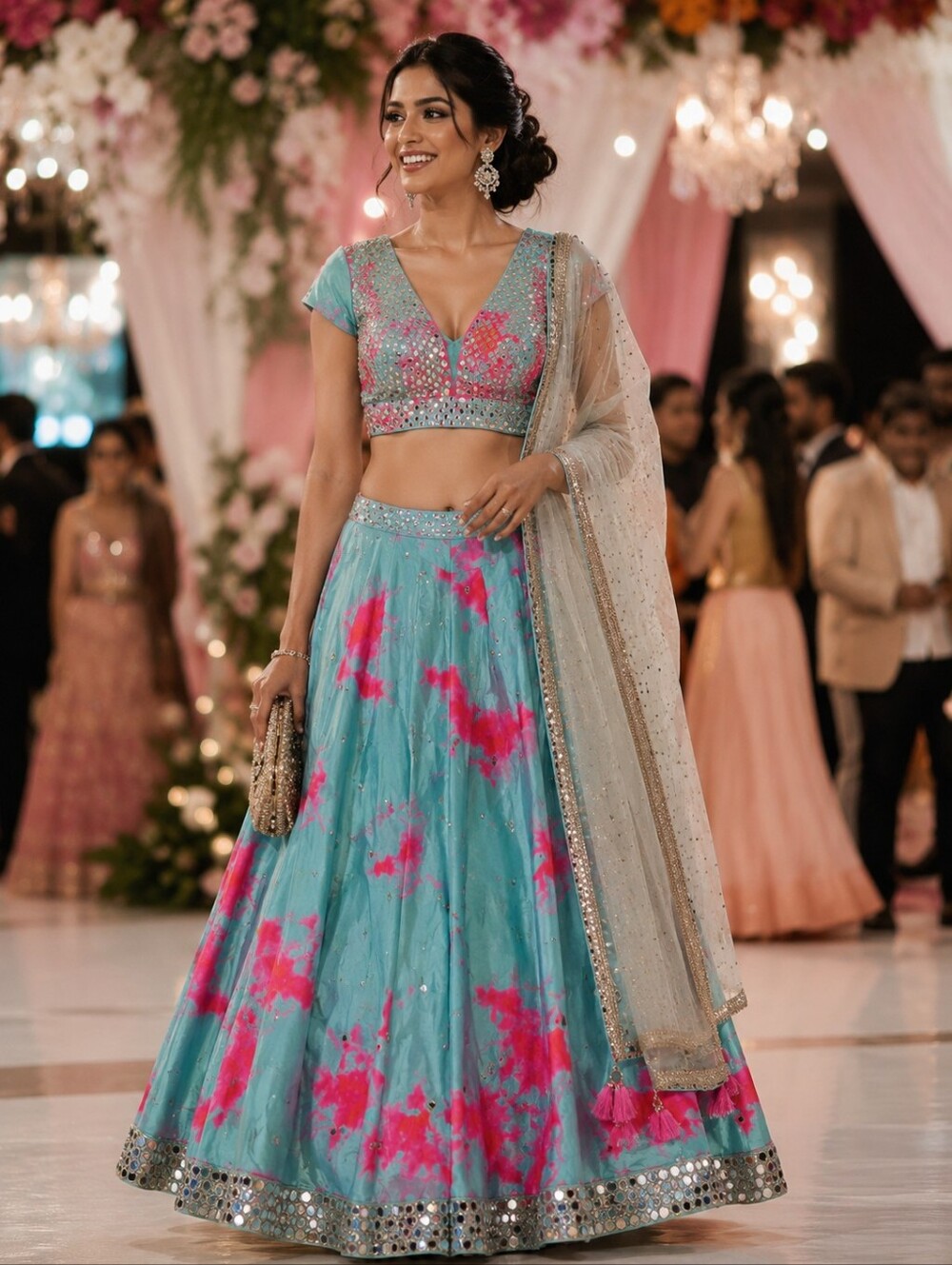 Beautifully Hand Stitched Turquoise and Hot Pink Embellished Lehenga Set